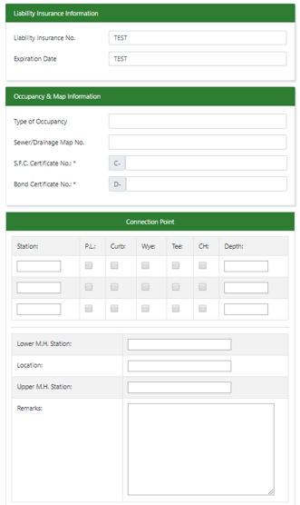 Liability Insurance Information, Occupancy & Map Information, Connection Point Fields