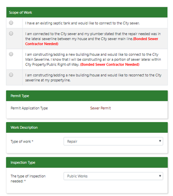 Types of Work, Permit Type, Work Description, Inspection Type Fields