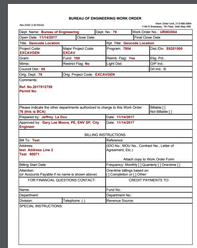 Screen shot of online case file for the Bureau of Engineering Work Order