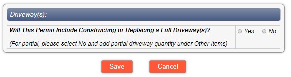 Screen shot of a online screen asking for application driveway information