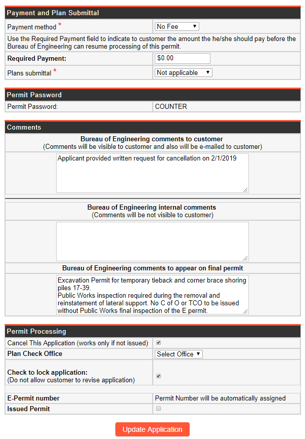 Screen shot of E Permit Cancellations During Plan Check