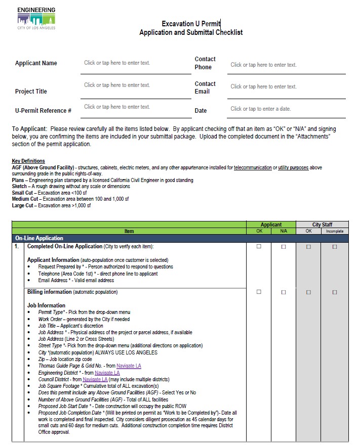Picture of the Excavation U Permit Application and Submittal Checklist