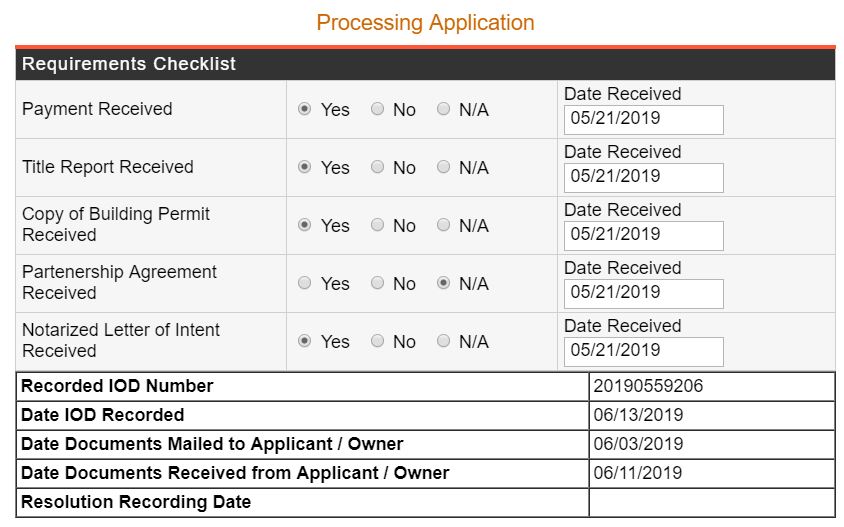 Highway Dedication Tracking System Requirements Checklist Grid Screen Shot