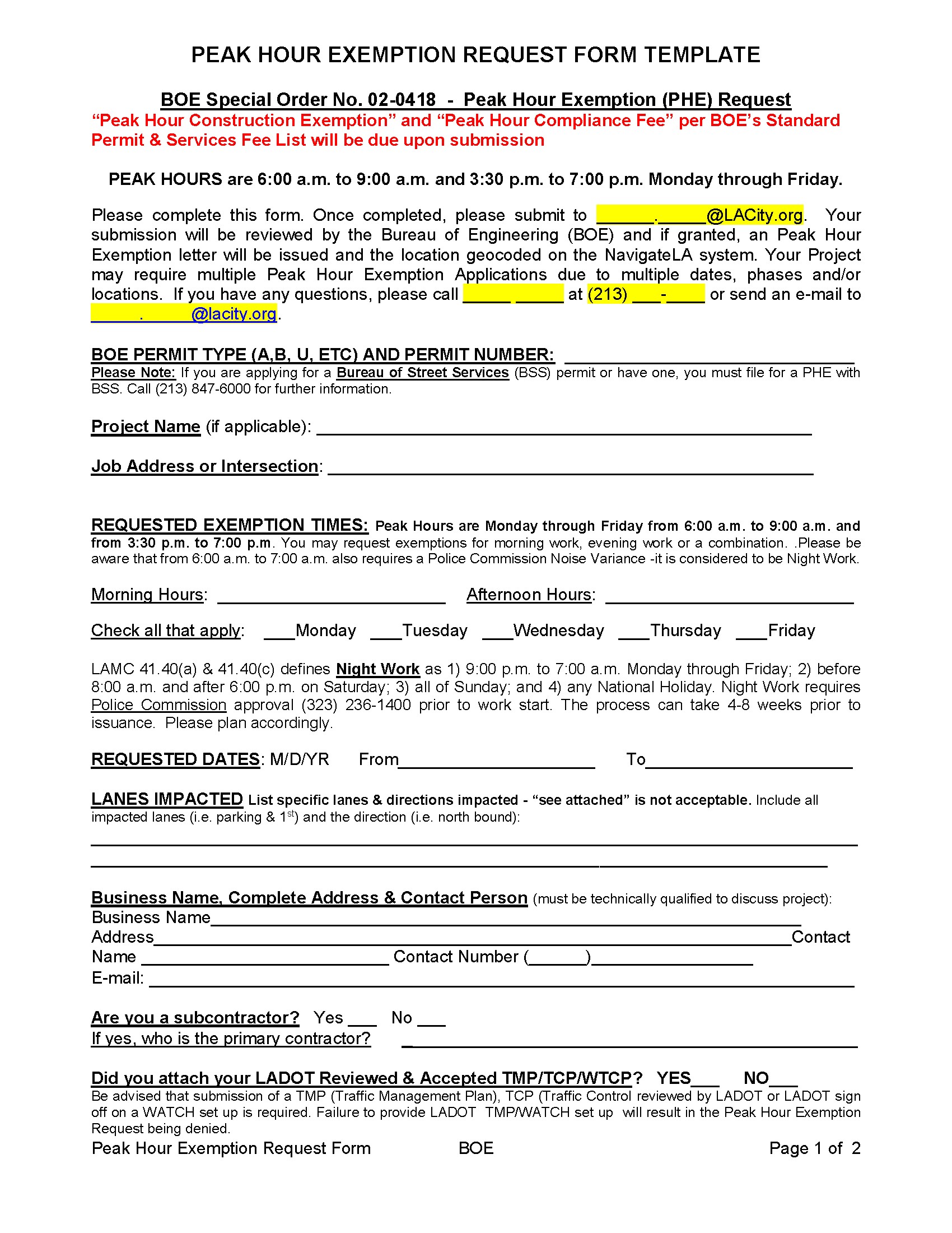 Peak Hour Exemption Request Form Template