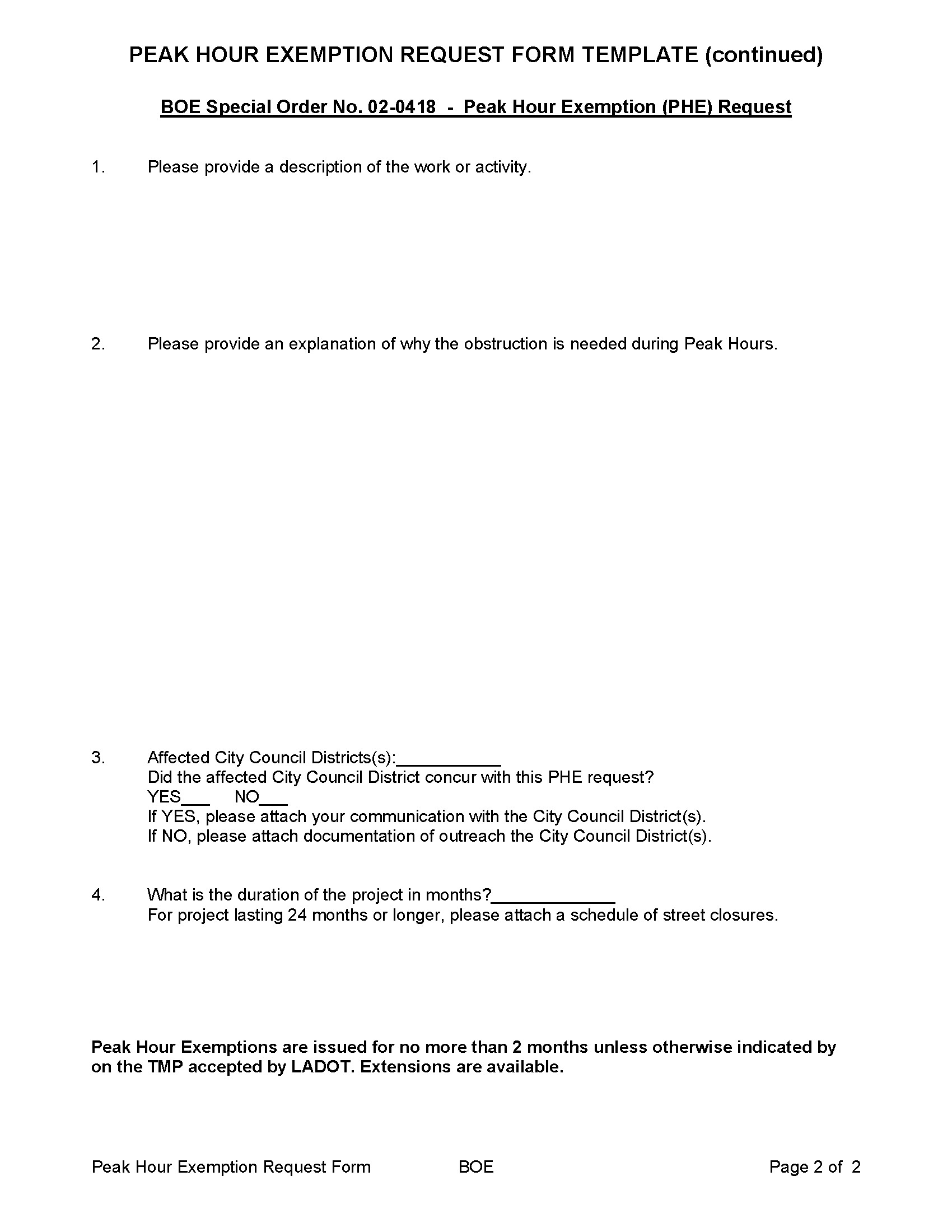 Peak Hour Exemption Request Form Template Continued