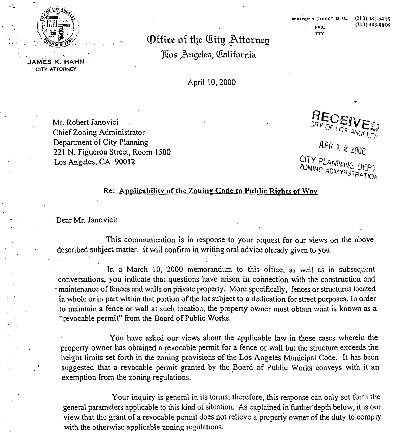 Screen shot of  page 1 of a Revocable Permit Requirement Letter