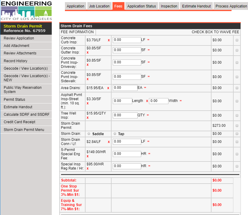 Storm Drain Application Inputting Fee Quantities Graphic