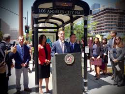 Image of speech being made at podium on street