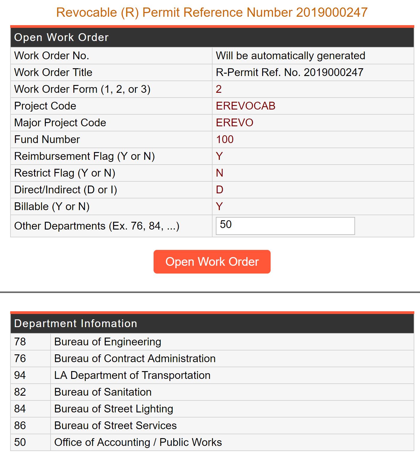 Work Order Screen Shot