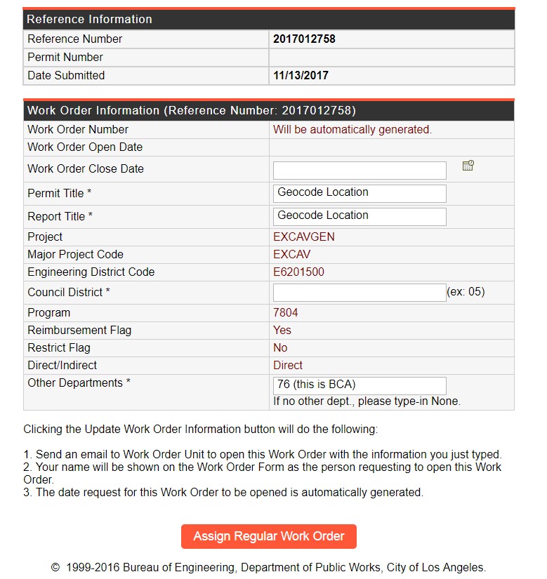 Screen shot of online work order assignment and reference information