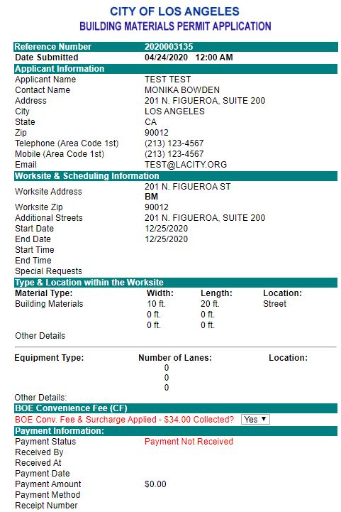 Sample Unpaid Building Material Permit from StreetsLA