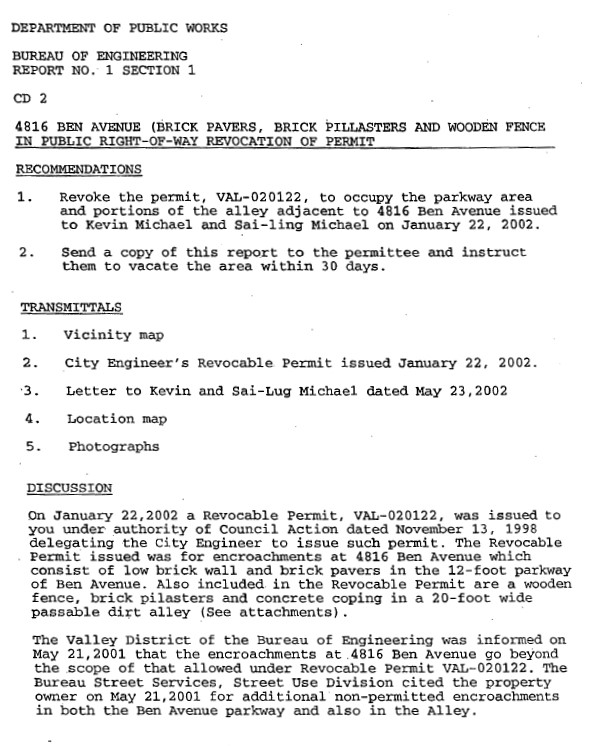 Screen shot of Bureau of Engineering Report 1 Section 1