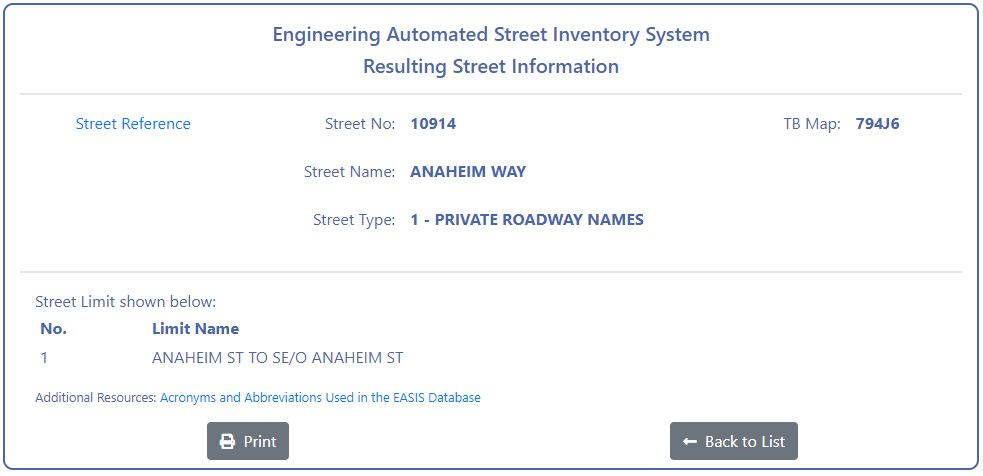 EASIS Screen Shot for Public Roadways