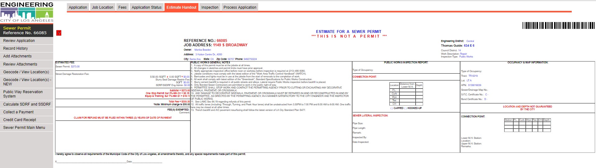 Screen shot of a online copy of a Estimate for a Sewer Permit Screen shot of a online copy of a Estimate for a Sewer Permit