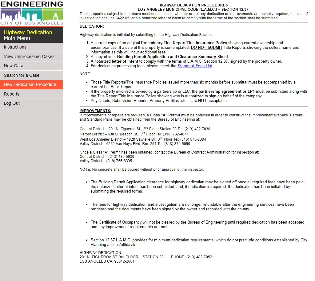 Screen shot of a Highway Dedication LA Municipal Code document 