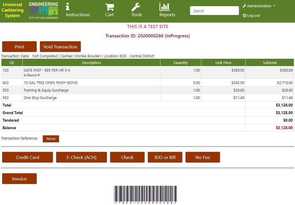 Screen Shot from Universal Cashiering