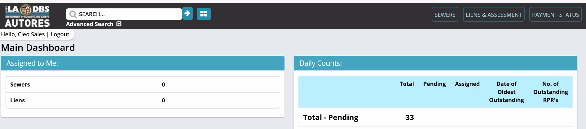 LADBS Autores Application Sewer Selection Screen