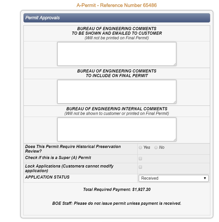 Screen shot of online permit approval fill out page Screen shot of online permit approval fill out page