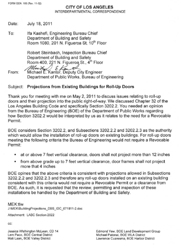Projections from existing buildings for roll-up doors memo