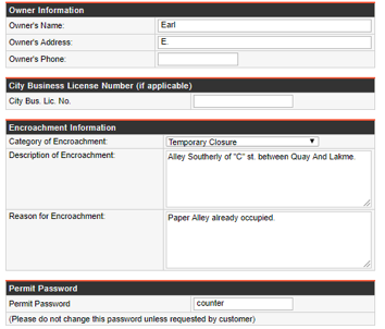 R Permit Owner Information, City Business License Number, Encroachment Information, Permit Password Fields
