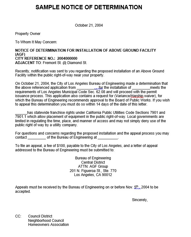 Screen shot of Sample Notice of Determination with a header about saying "Sample with Hardship/Variance"