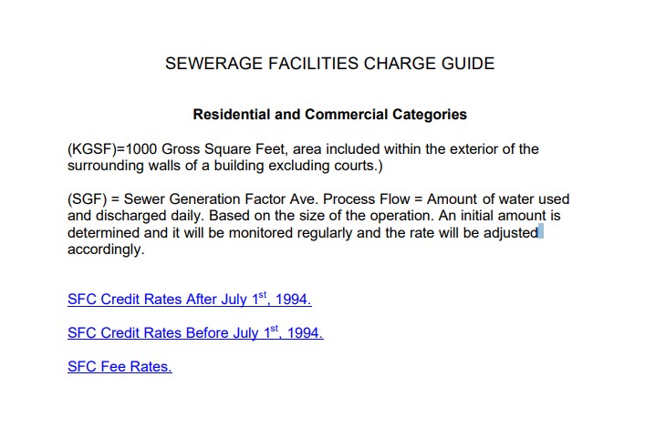Screen shot of a Sewerage Facility Charge Guide