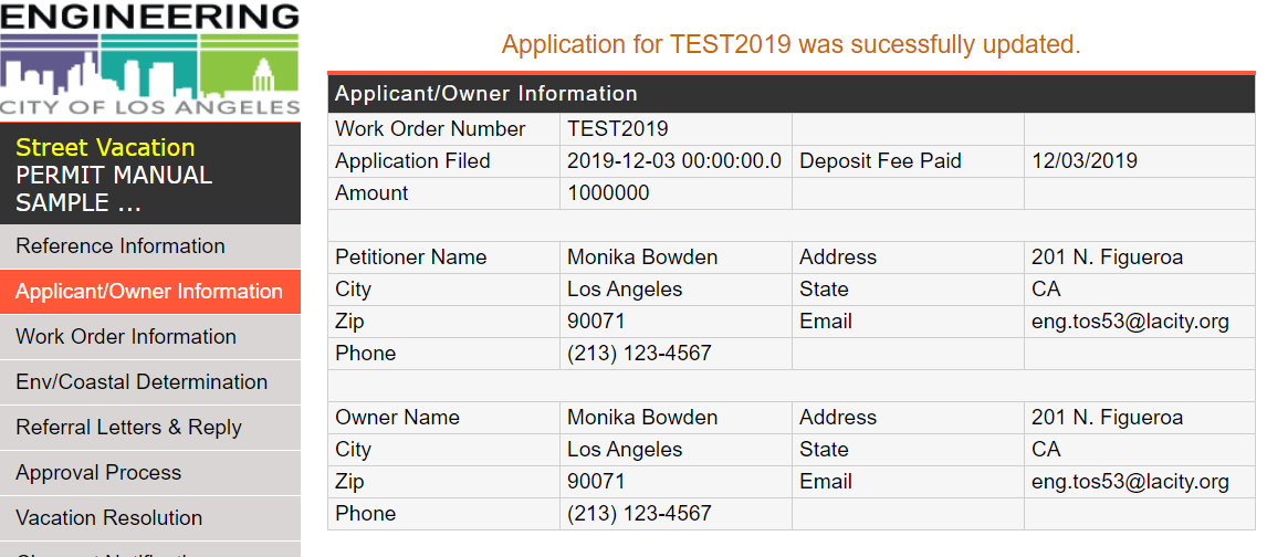 Street Vacation Tracking System Applicant_Owner Screenshot