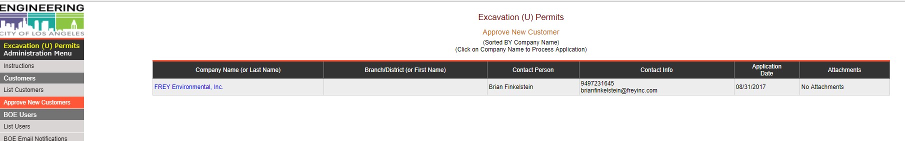 screen shot of online new customer name selection under Excavation (U) Permits